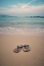 Vertical shot of the sea with a pair of slippers isolated on the beach Royalty Free Stock Photo