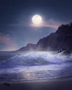 Vertical shot of sea waves on a beach next to the mountains under the bright moonlight Royalty Free Stock Photo