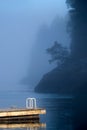 Vertical shot of a seascape with boardwalk sunlight on and foggy forested hills background