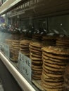 Vertical shot of senbei rice crackers displayed in a Japanese store