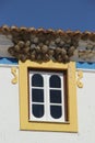 Vertical shot of several bird nests above the window on a colorful house