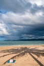 Vertical shot of the shadow of a coconut tree at a tropical beach paradise under a cloudy blue sky Royalty Free Stock Photo