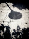 Vertical shot of a shadow of a street lamp and trees in sunny weather outdoors