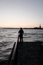 Vertical shot of a silhouette of a person fishing on the pier of the sea Royalty Free Stock Photo