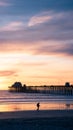 Vertical shot of a silhouette of a pier and a person walking at the beach during sunset