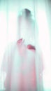 Vertical shot of the silhouette of a woman behind a curtain against a bright window Royalty Free Stock Photo