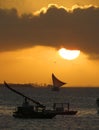 Vertical shot of the silhouettes of boats at sunset.