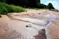 Vertical shot of siltation of the river bottom on the sandy beach with bushes on the background Royalty Free Stock Photo