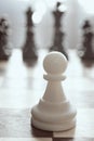 Single pawn against many enemies as a symbol of difficult unequal fight or struggle of minorities. Background in blur.