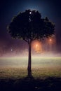 Vertical shot of a single tree in the park at night Royalty Free Stock Photo