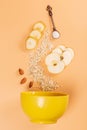 Vertical shot of sliced fruits and oatmeal with a spoonful of sugar Royalty Free Stock Photo