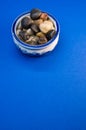 Vertical shot of small colorful rocks in a china bowl on a blue surface Royalty Free Stock Photo