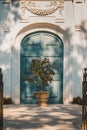 Vertical shot of a small green tree in a pot in front of antique blue doors.