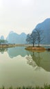 Vertical shot of a small lake with the Guilin mountains on the background Royalty Free Stock Photo