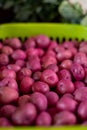 Vertical shot of small red potatoes in a green plastic basket in a market Royalty Free Stock Photo