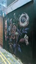 Vertical shot of small street with art graffiti flowers on a wall in Belfast city, United Kingdom