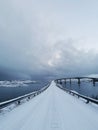 Vertical shot of the Sommaroy Bridge connecting the islands of Kvaloya and Sommaroy in the Hillesoy Royalty Free Stock Photo