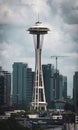 Vertical shot of the Space Needle and some buildings in downtown Seattle, Washington.