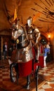 Vertical shot of spectacular Horse and Knight armour in the Warwick castle in UK