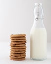 Vertical shot of a stack chocolate chip cookies beside a bottle of milk Royalty Free Stock Photo