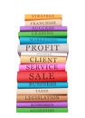 Vertical shot of a stack of colorful business books