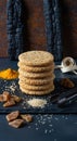Stack of round flatbreads with spices and dried fruit on a dark surface Royalty Free Stock Photo