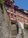 Vertical shot of stairs toward timber-framed houses in Meersburg,city on Lake Constance,Germany Royalty Free Stock Photo