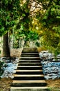 Vertical shot of stone stairs leading into the woods with green trees and little snow around Royalty Free Stock Photo