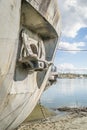 Vertical shot of a stranded ship on the bank of the Danube river Royalty Free Stock Photo