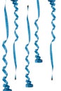 Vertical shot of strips of blue measuring tape on a white background