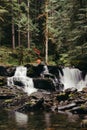 Vertical shot of a strong waterfall falling in the river in the middle of a forest Royalty Free Stock Photo