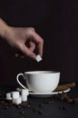 Vertical shot.Sugar cubes, cinnamone sticks, coffee beans on the black table and woman putting sugar cube into the white cup.Proce Royalty Free Stock Photo