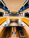 Vertical shot of a table for discussions inside a modern airplane