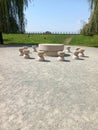 Vertical shot of the Table of Silence under blue sky in a park in Romania