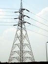 Vertical shot of a tall steel lattice transmission tower