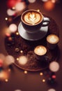 Vertical shot of three cups of cappuccino on a tray with cinnamon and cloves and bokeh lights Royalty Free Stock Photo