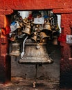 Vertical shot of Tibetan Buddhist bells and prayer flags and chimes in Kathmandu, Nepal