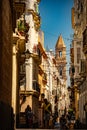 Vertical shot of a tiny street in the middle of an ancient buildings under the sun light.