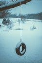 Vertical shot of a tire swing hanging on a tree covered with white snow during winter Royalty Free Stock Photo