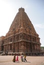 Vertical shot of tourists at Brihadeeswara Hindu Temple in Tamil Nadu, South India