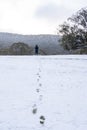 Vertical shot of a trail of footsteps and a person walking on a snowy field