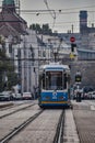 Vertical shot of a tram in the morning in Debrecen, Hungary