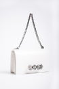 Vertical shot of a trendy white purse with diamond-like accessories on white background Royalty Free Stock Photo