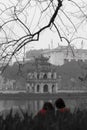 Vertical shot of the Turtle Tower in the middle of Hoan Kiem Lake  in central Hanoi, Vietnam Royalty Free Stock Photo