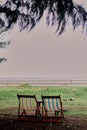 Vertical shot of two deck chairs on a grass field with an ocean view Royalty Free Stock Photo