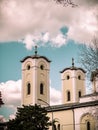 Vertical shot of the two domes of the Church of the Holy Rapture in Serbia