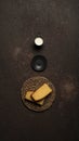 Vertical shot of the two pieces of bread milk and the down part of the cup next to each other. Royalty Free Stock Photo