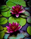 Vertical shot of two water lily (Nymphaea) flowers on lily pads Royalty Free Stock Photo