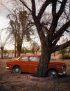 Vertical shot of a vintage abandoned red car next to a tree in Las Cruces city Mexico