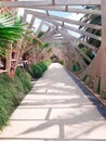 Vertical shot of a walkway with a decorative wooden arch and vegetation